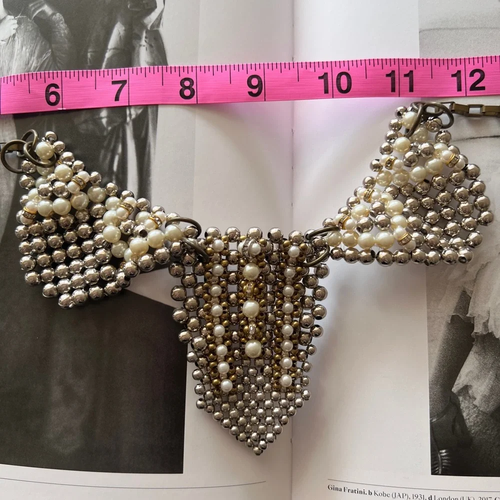 Silver and Gold Beaded Bib Necklace with Textured Pendants - Picture 8 of 10